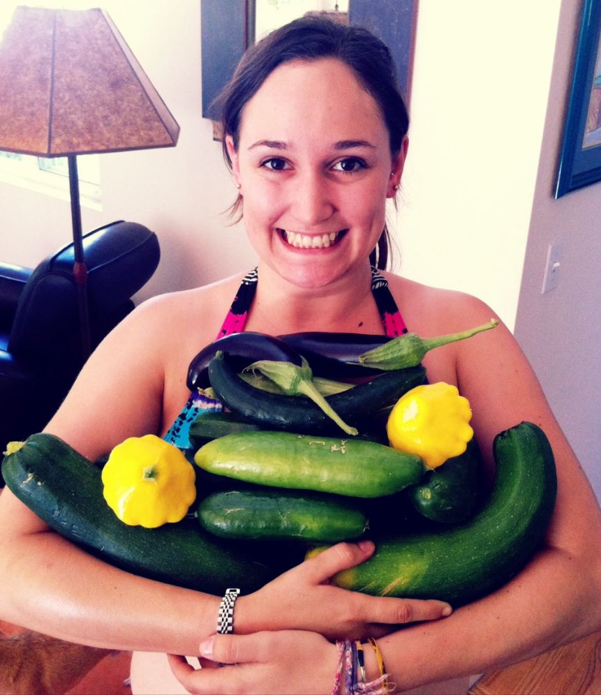 Proving that we don't just grow great grapes here in the Napa Valley, Lizzie shows off her first crop of delectable squash, eggplant, and cucumber from the garden she planted when she moved in next door. She has since added chickens, and several fruit trees.