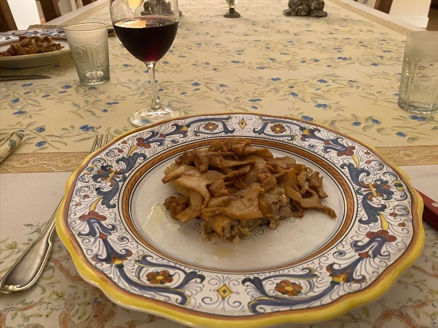 color image of a plate of Cassoulet on a tablecloth with a glass of Neyers Vineyards Carignan